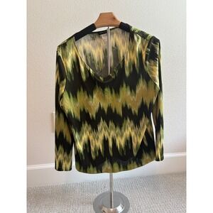 Anne‎ Klein Top Womens Large Green Silk Abstract Ikat Zigzag Long Sleeve Blouse
